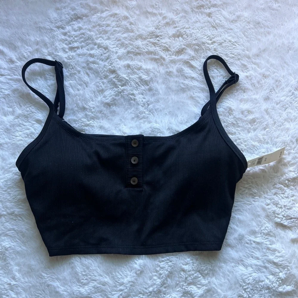 Aerie Women's Black Ribbed Scoop Neck Henley Bikini Top 2976-073 Size XS NWT